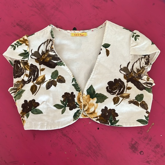EUC Salt & Pepper S Corduroy topper autumn roses tulip sleeve shrug cap sleeve - Picture 12 of 14